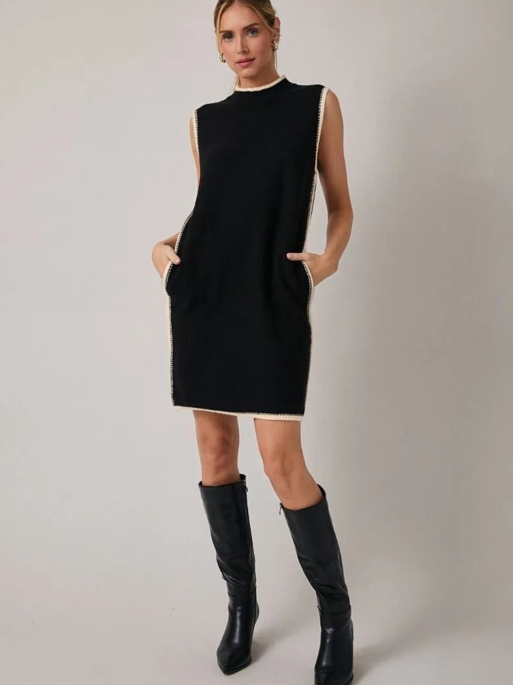 Sunday edition Sleeveless Black Shift Dress with Contrast Trim